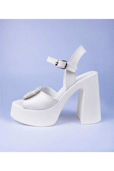 Sibel Durmaz Porto White Stone Detailed Platform Sandals