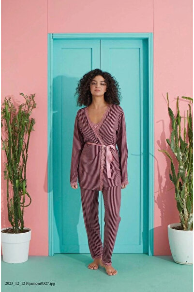 Pijamoni Milan Kumaş Sabahlıklı Üçlü Kadın Pijama Takımı