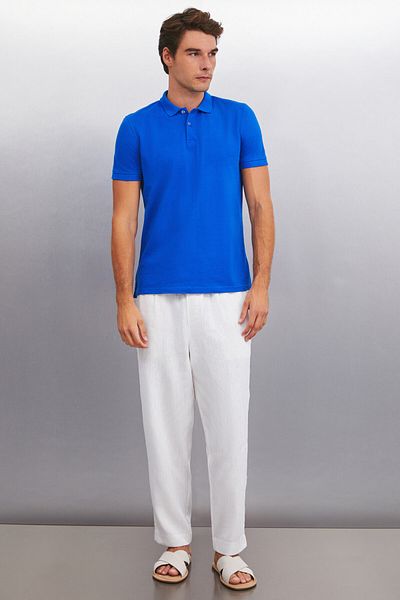 GRIMELANGE MARTEN Férfi - Saks Blue Polo gallérral, normál szabású póló, 100% pamut, rövid ujjú