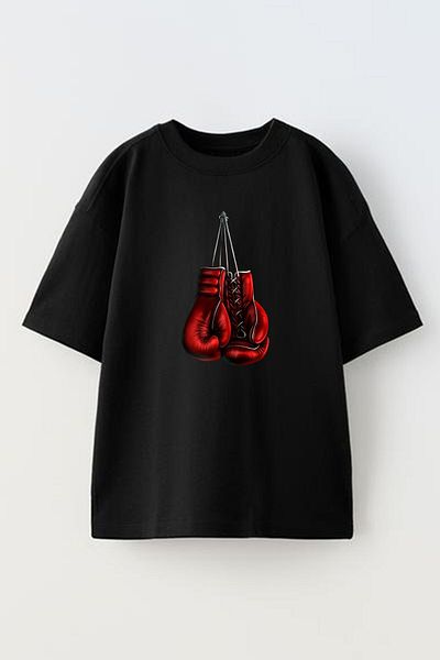 NMG TEKSTİL Tricou negru oversize din bumbac Box - Mănuși roșii