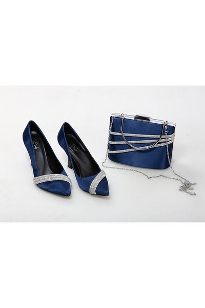 Modavien Women's Stoned Navy Blue Stiletto & Bag Combination 351c