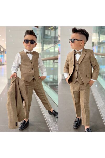 rainkids Kapaklı Düz Kumaş Yelekli 3 lü Klasik Takım RKKC4002
