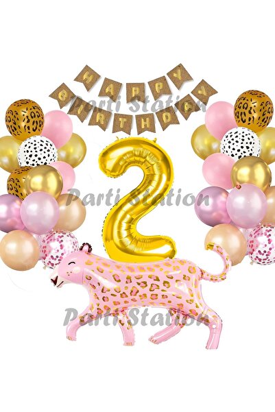 Parti Station Pink Leopard 2 Year Old Balloon Set Safari Leopard Birthday Par...