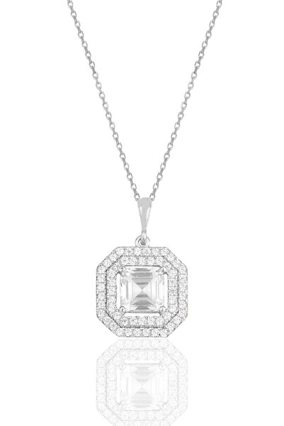 Söğütlü Silver Gümüş Rodyumlu Özel Tasarım Baget Kesim Zirkon Taşlı Kolye Sgt...