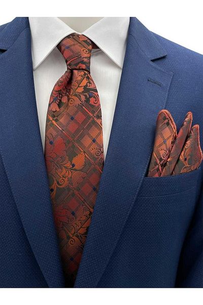 Brianze Tile Navy Blue Patterned Motif - Tie and Handkerchief Set