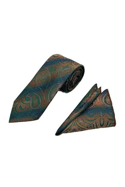 Brianze Light Brown Blue Green Shawl Patterned Tie and Handkerchief Set
