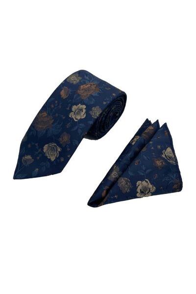 Brianze Бежево-синьо-коричневий набір краватки та хустки з квітковим візерунком