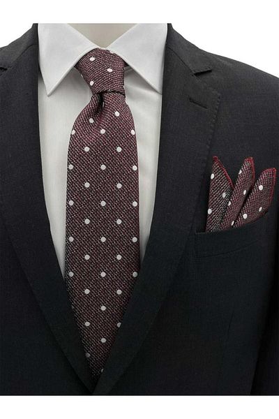 Brianze Black Claret Red White - Polka Dot Patterned Tie and Handkerchief Set