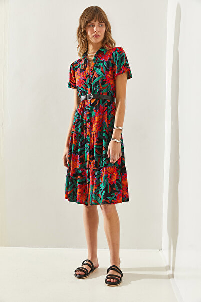 Bianco Lucci Viskóz rövid ujjú ruha - inggallér, gombos zárt, földig érő fodros részlet60251224