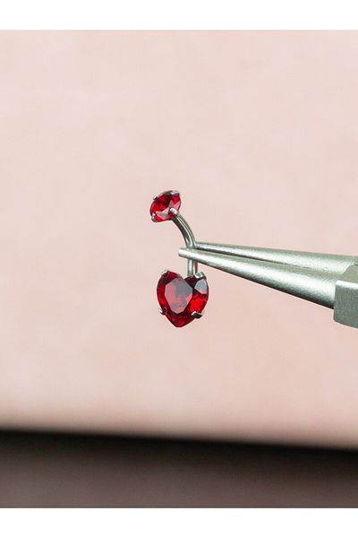 MORNEVA Heart Shaped Red Stone Steel Belly Piercing