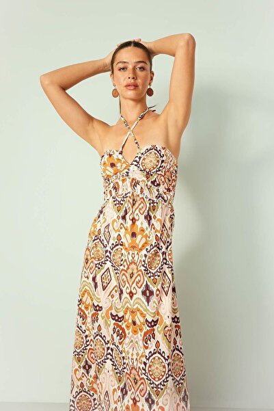 DeFacto Ethnic Patterned Strapless Midi Dress - Lace-up A8540ax23hs
