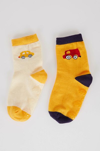 DeFacto Set of 2 Cotton Long Socks for Baby Boy - Non-Slip Sole Y6312a2ns