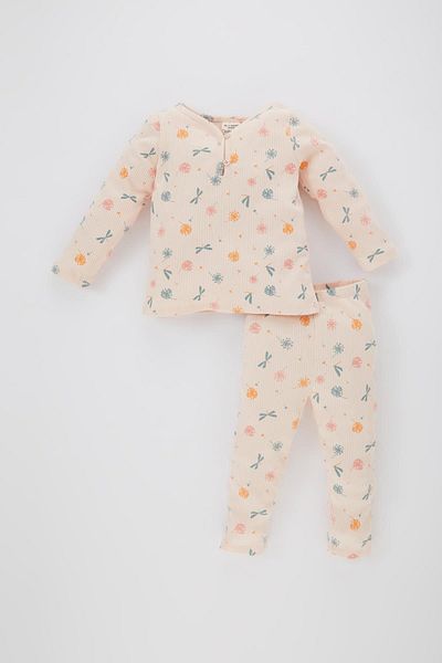 DeFacto Ribbed Floral Patterned Baby Girl Pajama Set - Long Sleeve, B9237a524sp