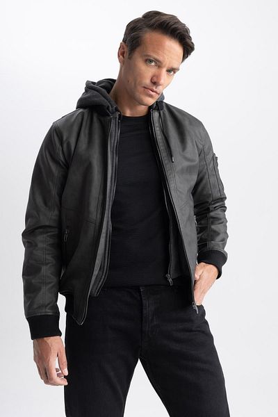 DeFacto N9682az23wn Model Slim Fit Hooded Faux Leather Bomber Coat