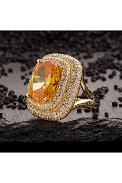 RevSilver Sitrin Taşlı Yüzük 925 Gümüş Kadın Zirkon Mini Boncuk Süslemeli Zutanit Taşı Takı