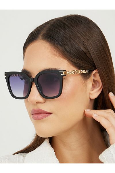Styli Solid Cat Eye Sunglasses with Metal Textured Temple