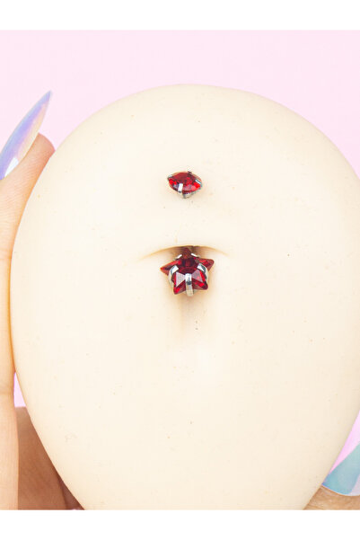 MORNEVA Kırmızı Taşlı Kalp Yıldız Şekilli Çelik Belly Göbek Piercingi