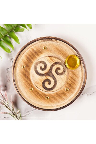 Mitr Triskele Spiral Temalı Yuvarlak Ahşap Konik Tütsülük