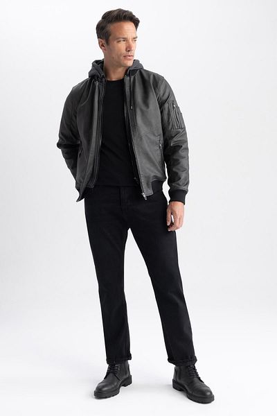 DeFacto N9682az23wn Model Slim Fit Hooded Faux Leather Bomber Coat