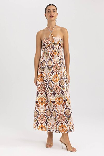 DeFacto Ethnic Patterned Strapless Midi Dress - Lace-up A8540ax23hs