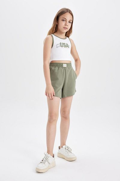 DeFacto 2-teiliges Set für Mädchen, geripptes Leibchen, Rundhalsausschnitt, bedruckte Singlet-Shorts D0068a824hs