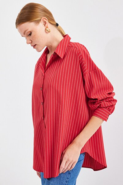 Bigdart 20208-as piros csíkos túlméretes hosszú ing