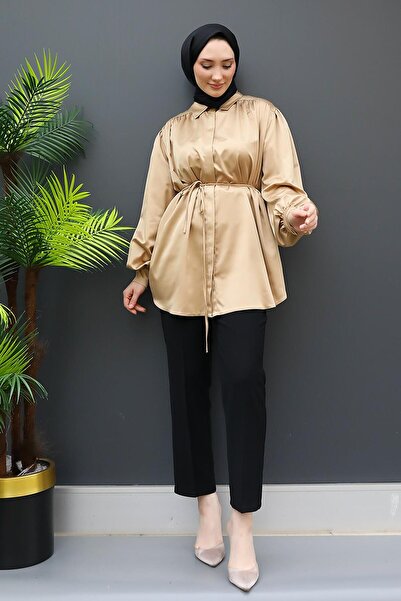 GİZ AGİYİM Μπισκότο Σατέν Πουκάμισο - Με Κρυφά Κουμπιά