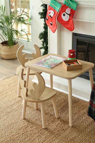 The Deer 1 Masa + 2 Sandalye (Çocuklar için Montessori Aktivite ve Etkinlik Masa Sandalye Takımı)