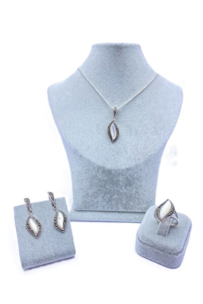 ERU JEWELLERY Markazit Pırlantalı Sedef Taşlı Gümüş Kadın Üçlü Set -anneler Günü