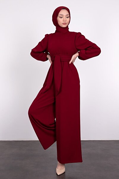 Lamia Giyim Wide Belt Wrapped Hijab Jumpsuit Claret Red