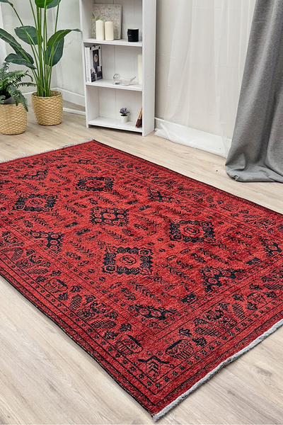 MYHOME HALI Moretti Afgan Desenli Kırmızı Siyah Yıkanabilir Salon Koridor Halısı
