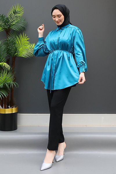 GİZ AGİYİM Cămașă din satin - cu nasturi ascunși și culoare benzină