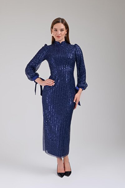 SpringStore Lacivert Pul Payetli Tesettür Abiye Elbise