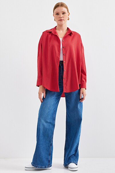 Bigdart 20208-as piros csíkos túlméretes hosszú ing