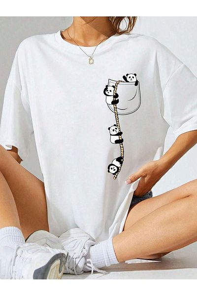 PALPİTO White Oversize T-Shirt - Cute Pandas Printed