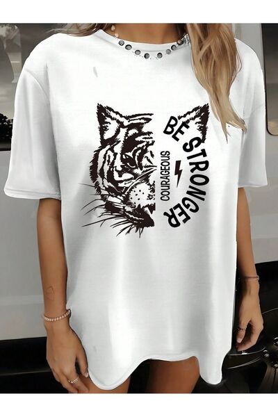 PALPİTO Tricou supradimensionat cu imprimeu White Be Strong Tiger pentru femei