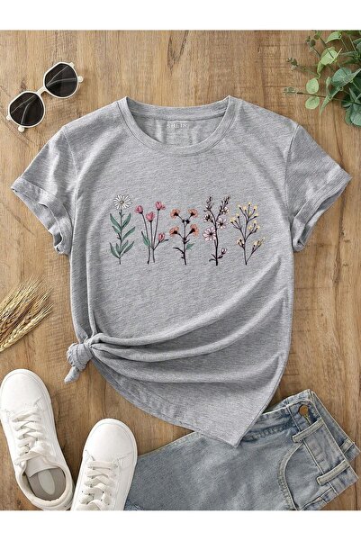 PALPİTO Γκρι Γυναικείο T-Shirt Oversize με μοτίβο κήπου με λουλούδια