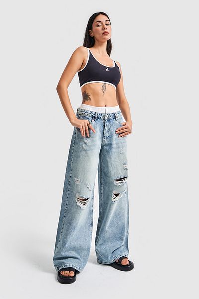 its basic Blugi de damă Greenkest Color Boxer Pantaloni din denim rupti cu detalii