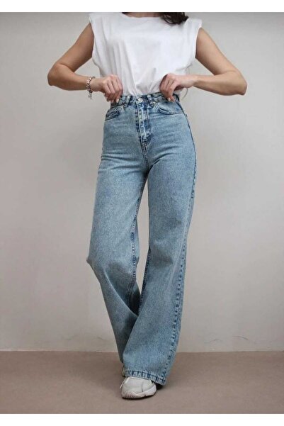 Trn JNS Afel Відкритий Блакитний - Стрейч, Снігостійкий, Супер Висока Талія, Неформальні Джинсові Штани Палаццо