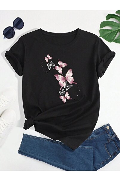 PALPİTO Tricou negru oversize - Imprimat cu fluturi