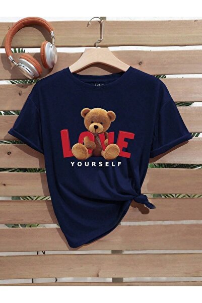 PALPİTO Tricou oversize unisex bleumarin cu imprimeu Love Bear