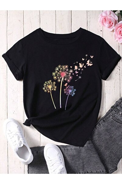 PALPİTO Tricou negru oversize - Imprimat cu păpădie