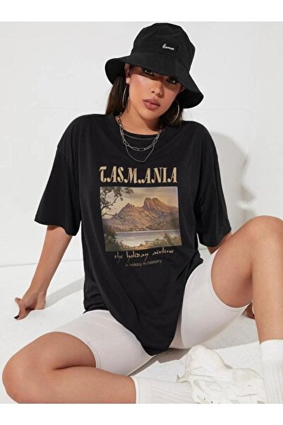 PALPİTO Ženska crna Tasmanija Štampano Oversize kroj T-shirt