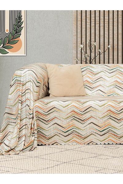 Latuda Concept Softmicro Zigzag Patterned Sofa Cover - 130x180 Cm, Shawl and Sofa Blanket Cream