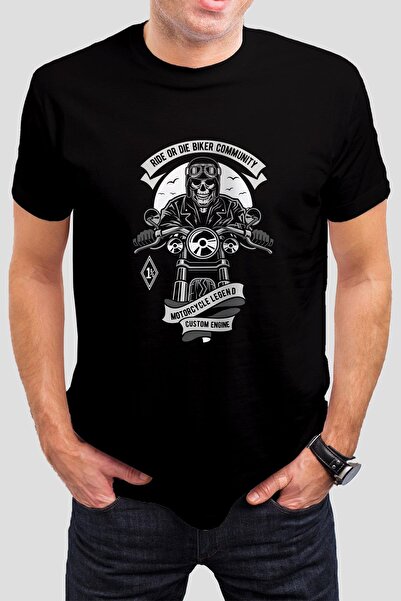 T-35 Motorcu Kuru Kafa Baskılı Siyah Unisex Tişört C284