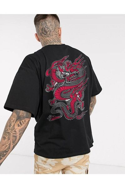 PALPİTO Tricou oversize cu imprimeu Black Dragon pentru bărbați