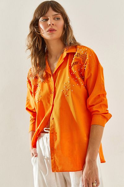 Bianco Lucci Flam Linen Women's Shirt - Pearl Stone Detail, Laser Cut, Long Sleeve60251205