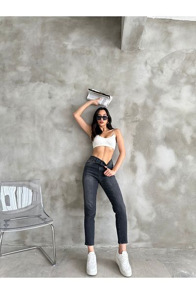 ModaDeniz Jeans Pantaloni CINDY Mom Jean cu talie înaltă, cu picior învechit și buzunare la spate