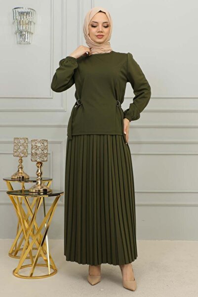 TESETTÜR MÜJDE MERVE Pleated Set - Waist Detailed, KHAKI