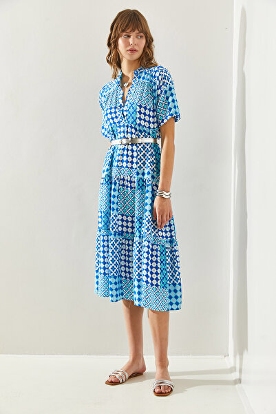 Bianco Lucci Dámské viskózové vzorované viskózové šaty s límečkem -60251287